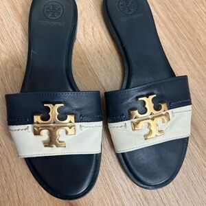 Tory Burch Black and Cream Slides with Gold Logo